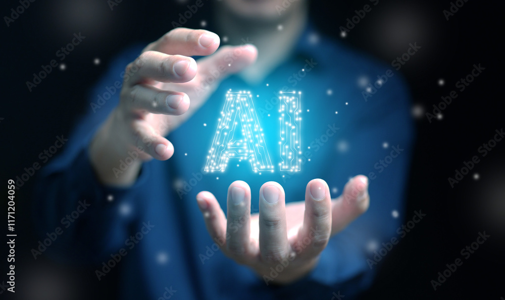 Poster artificial intelligence concept. hands of a man carry an ai text with circuit pattern, glowing brigh