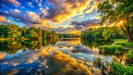 Fototapeta premium Vibrant HDR Lake Fairfax Landscape: Sunlit Water, Lush Greenery, Scenic Vista