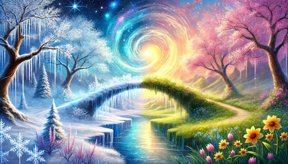 Fototapeta premium A Serene and Enchanting Horizontal Painting Illustrating the Bridge of Seasons Between Winter and Spring in a Fantastical Realm