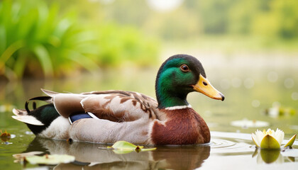 Fototapeta premium Vintage-style duck swimming in garden pond during morning mist, nature's beauty