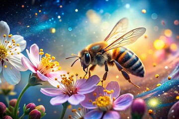 Fototapeta premium Vibrant Macro Flower Animation Banner: Spring Blossom, Honeybee, Pollen, Nature, Macro Photography