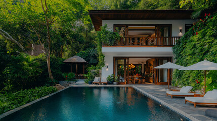 Fototapeta premium Tropical Villa Escape: Luxurious villa nestled in lush greenery, featuring a stunning infinity pool and outdoor lounge area. Perfect for relaxation and tranquility. 