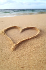 Heart drawn in beach sand, ocean background, romantic, love, vacation