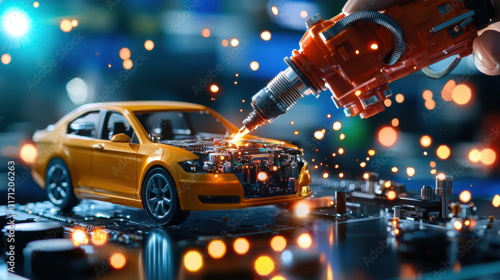 Poster innovative engineering concept with model car being enhanced by advanced technology. sparks fly as r