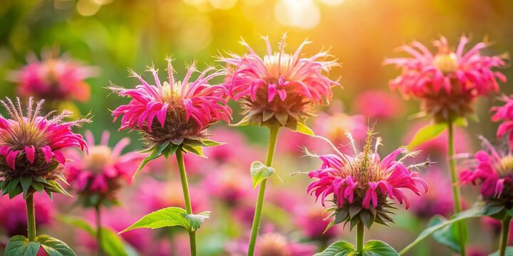Vibrant Pink Monarda Flowers Blooming in Summer Garden