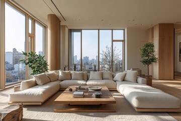 Fototapeta premium Urban Oasis: Modern living room with stunning city views. Neutral tones, natural light, and minimalist design create a serene and sophisticated atmosphere. 