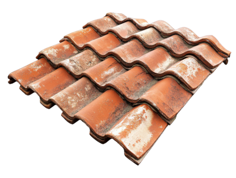Neatly stacked terracotta roof tiles