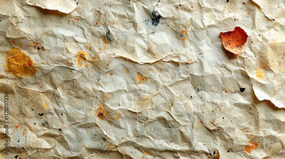 Poster crumpled textured paper with colorful stains and natural patterns, ideal for backgrounds or artistic