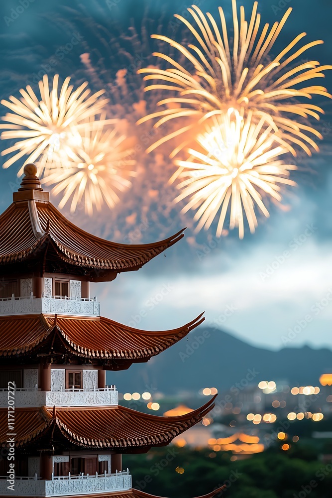 Poster stunning display of vibrant and colorful fireworks bursting over the rooftops of a traditional pagod