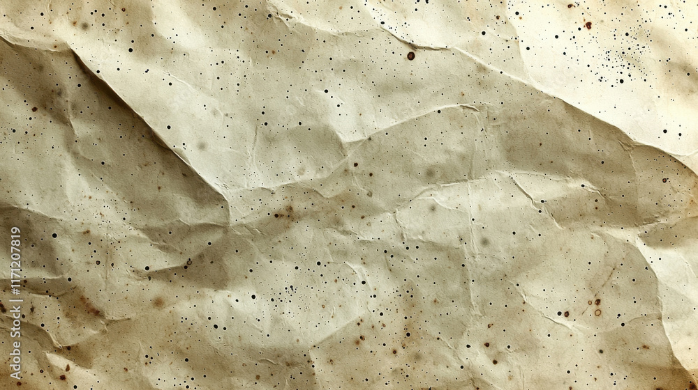 Poster crumpled textured paper with speckles and natural beige color, ideal for backgrounds or artistic pro