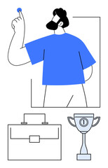Man gesturing upward in a simple abstract style, trophy and briefcase signifying goals, success, ambition, leadership, achievement, planning, self-improvement. Ideal for business career growth