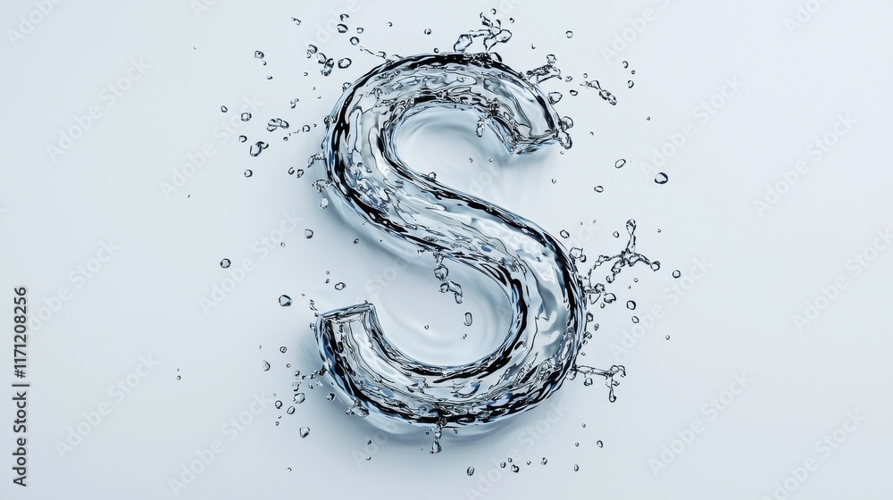 Poster dynamic splashing water in the shape of the letter s with fluid motion and transparent textures