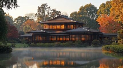Tranquil autumn sunrise over traditional Japanese house reflected in calm water.