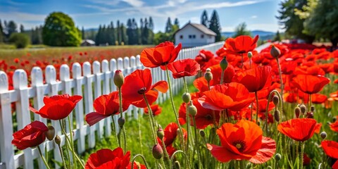 Vibrant Red Poppies Bloom Near White Picket Fence in Sequim, Washington State - Early Summer