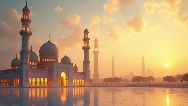 Mosque and golden hours sky for Ramadhan Kareem celebration background