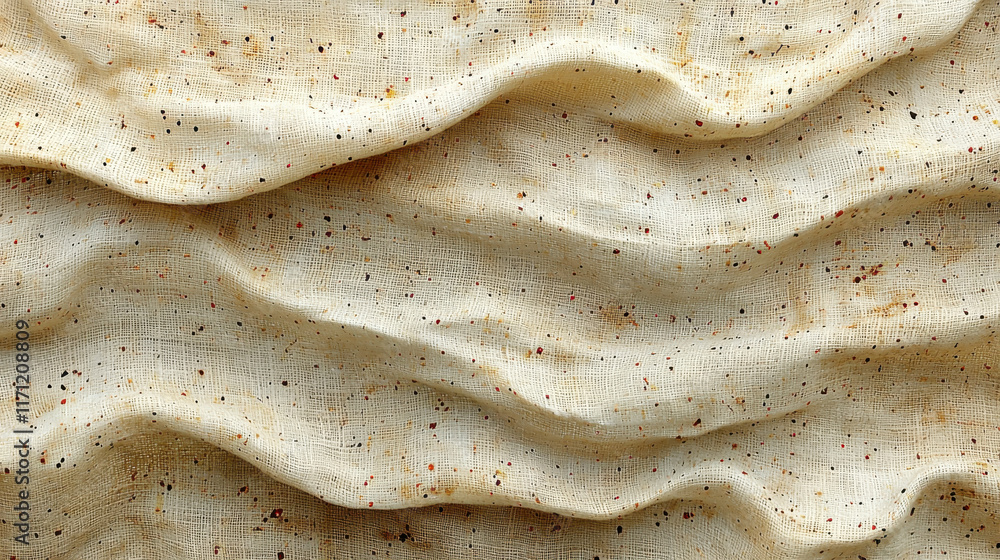 Poster textured linen fabric with natural beige color and speckled pattern, showcasing soft waves and folds