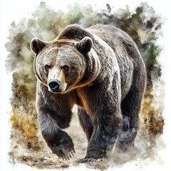 Obraz premium Illustration of the Brown Bear walking towards through the forest, soft watercolor tones, white background, detailed illustration, cartoonish.