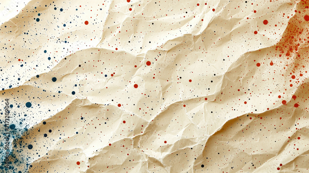 Leinwandbilder crumpled textured paper background with colorful paint splatters in blue and red, creating artistic 