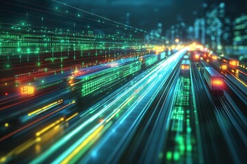 Global business logistics revolution high-speed transport networks in a futuristic cityscape digital visualization