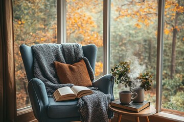 Cozy Autumn Retreat: A cozy armchair draped in a soft blanket beckons relaxation, with a steaming mug of tea and an open book on a side table.