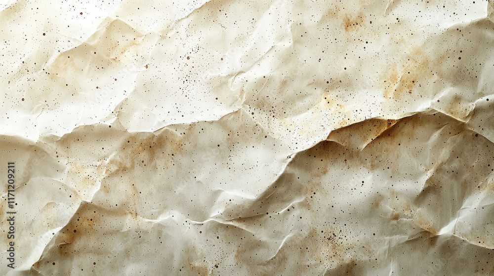 Poster Crumpled textured paper background with speckles and stains, ideal for eco friendly designs and crafts. Perfect for artistic projects and natural aesthetics