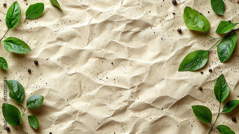 Aufkleber crumpled textured paper background with green leaves and specks, creating natural and eco friendly a