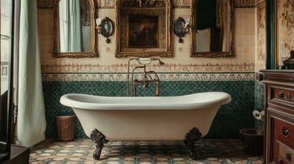 Elegant clawfoot bathtub in a vintage bathroom with ornate tile, mirrors, and dark wood vanity.