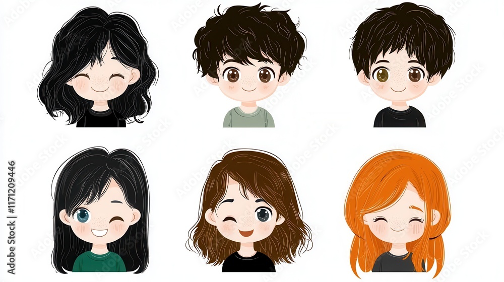 Poster smiling cartoon characters with happy expressions in digital