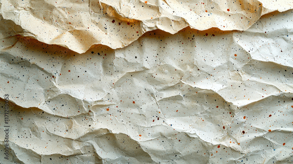 Poster Crumpled textured paper with speckles in neutral tones, ideal for backgrounds or crafts. unique grain adds depth and character to any project