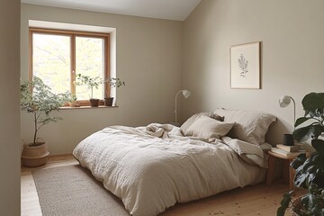 Serene Bedroom Sanctuary: Natural light streams into a calm and minimalist bedroom, featuring a linen duvet, wooden floors, and potted plants, creating a peaceful and inviting atmosphere.