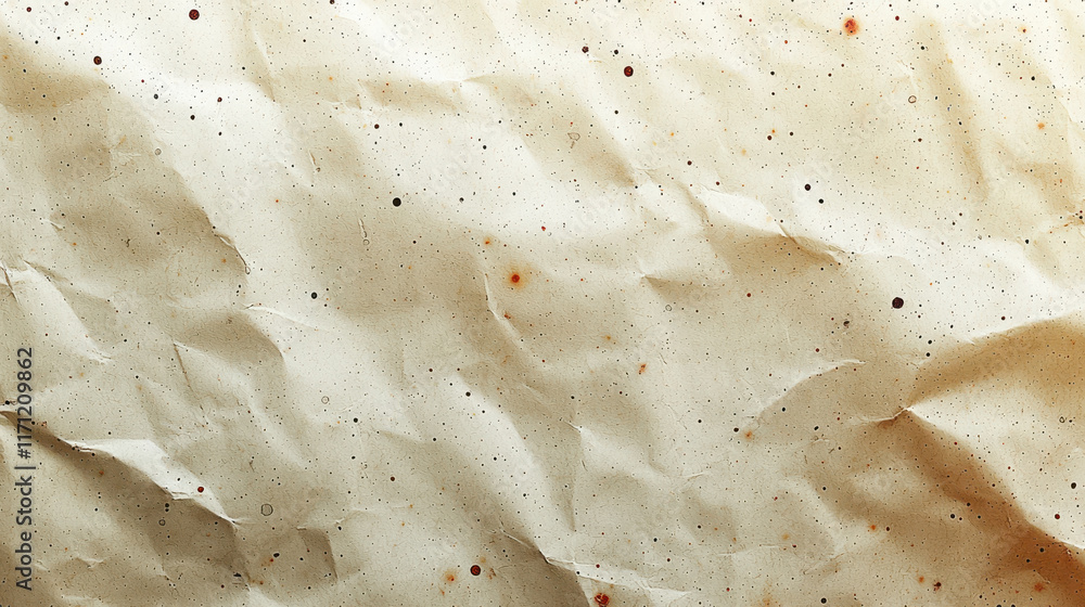 Fototapete Crumpled textured paper with speckles and stains, ideal for backgrounds or crafts. This eco friendly material adds rustic touch to any project