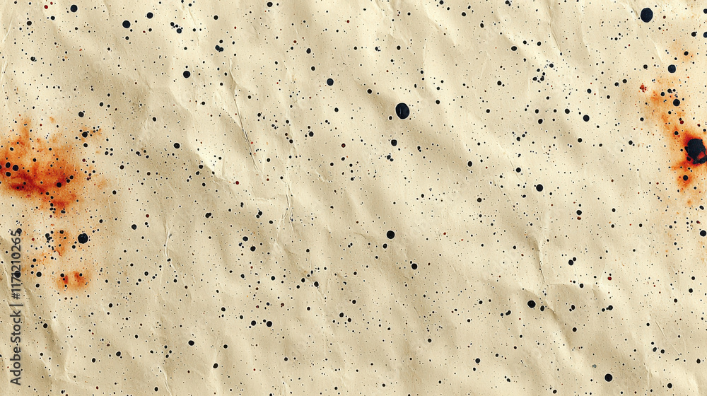 Poster crumpled textured paper background with black and orange speckles, creating artistic and abstract ap