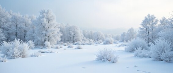 Snowy open space with frost-covered trees in winter