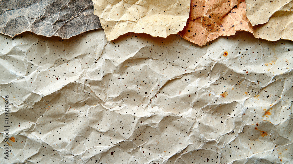 Poster crumpled textured paper in various colors, showcasing natural fibers and speckles. ideal for backgro