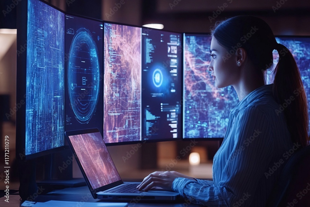 Wall mural cybersecurity analyst at work: focused female cybersecurity professional monitoring multiple screens