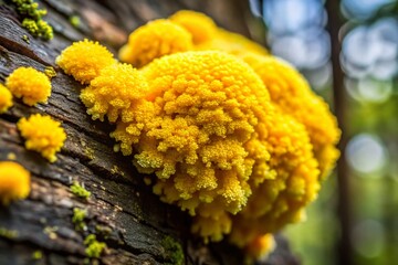 Vibrant Yellow Dog Vomit Slime Mold Closeup on Tree Bark - Long Exposure Photography