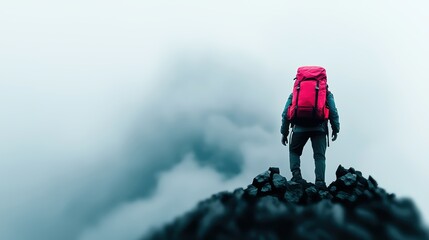 Adventurous Hiker Standing Triumphantly at the Summit of a Volcanic Crater Surrounded by Breathtaking Natural Landscapes and Majestic Mountain Views