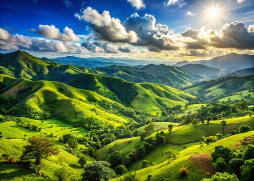 Vibrant Yaracuy Landscape: Sunlit Hills and Lush Green Valley with Copy Space