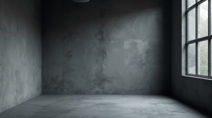 Spacious dark concrete interior with grungy textures and moody lighting. Ideal for presentations, architectural design, or urban-themed artistic compositions.