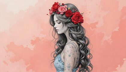 Woman with flower crown, long wavy hair, and tattoos.