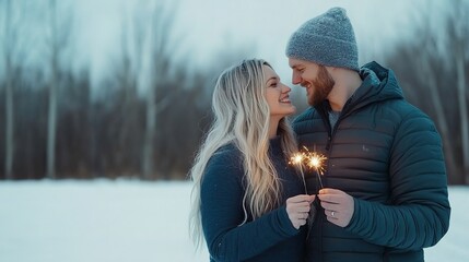 Fototapeta premium Couple Celebrating Together in Winter Snow with Sparklers at Dusk