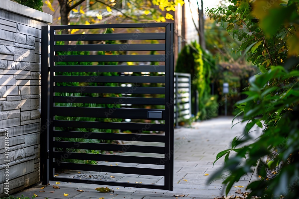 Poster a sleek black metal gate with horizontal slats and a built-in keypad entry system