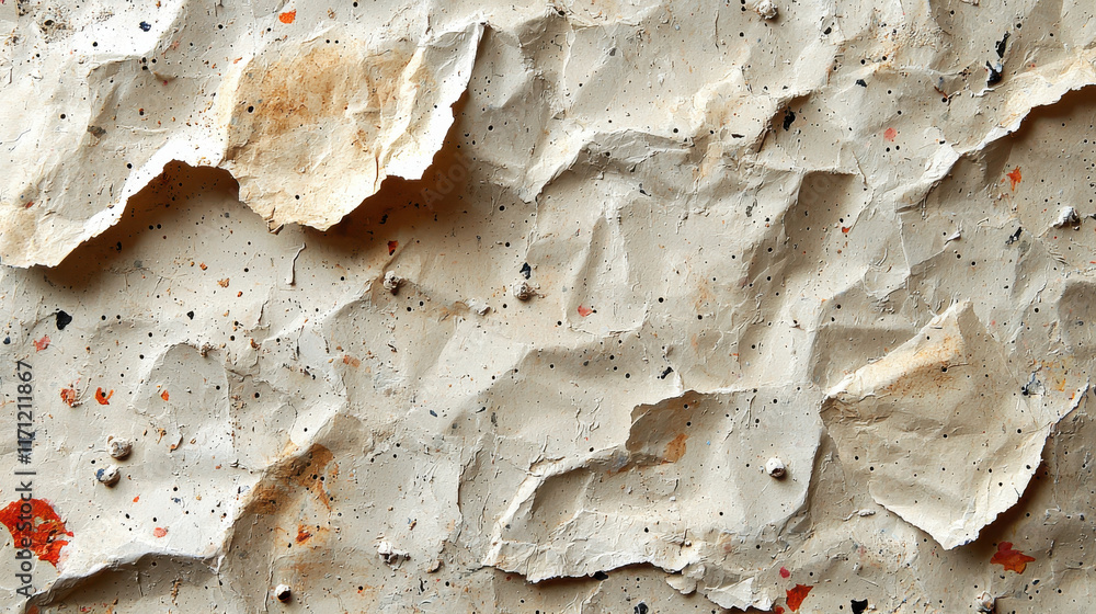 Poster Crumpled textured paper with beige background and colorful specks, creating unique and artistic appearance. Ideal for backgrounds or creative projects