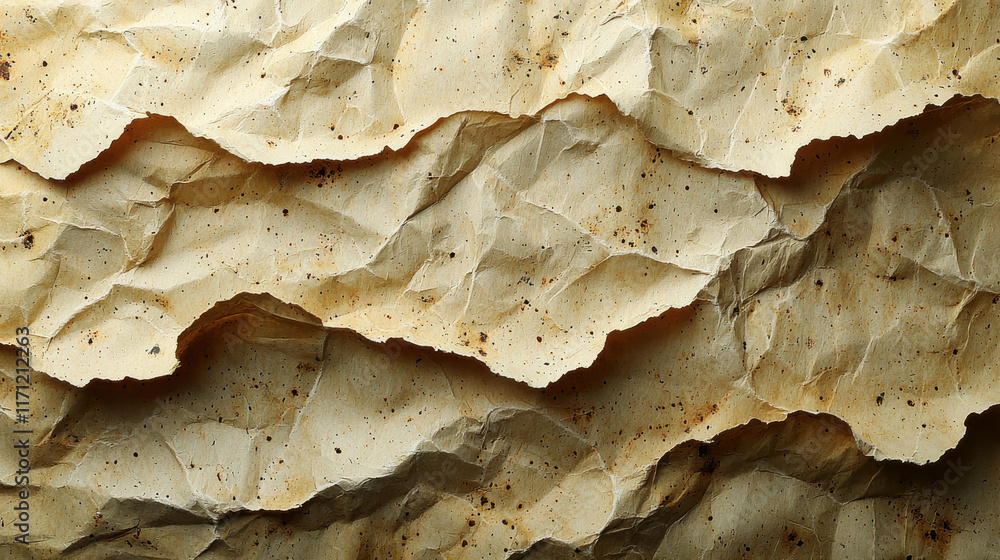 Poster crumpled textured paper with natural beige color and dark speckles, creating organic and rustic appe