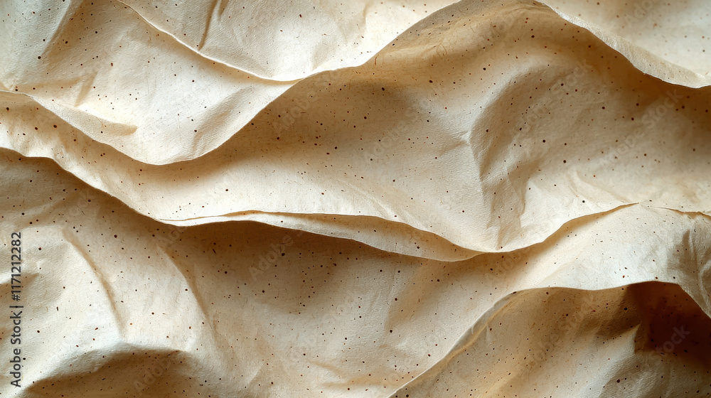 Poster textured beige paper with natural fibers, showcasing wavy and crumpled appearance. ideal for backgro