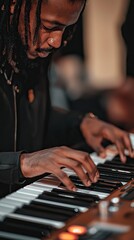 Fototapeta premium Emotionally expressive musician performing on piano under vibrant stage lights