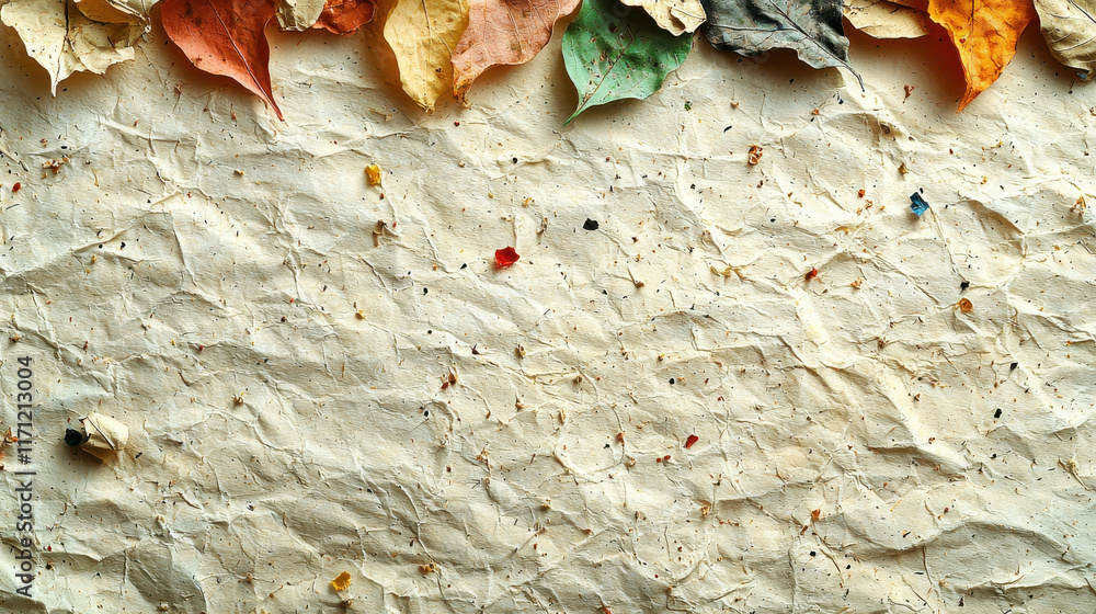 Poster crinkled paper background with colorful dried leaves at top, creating natural and textured aesthetic