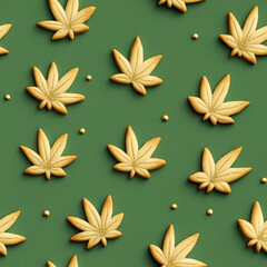 Cannabis leaf shaped cookies with golden sprinkles, on green background. Concept of edible CBD, wellness, recreational use