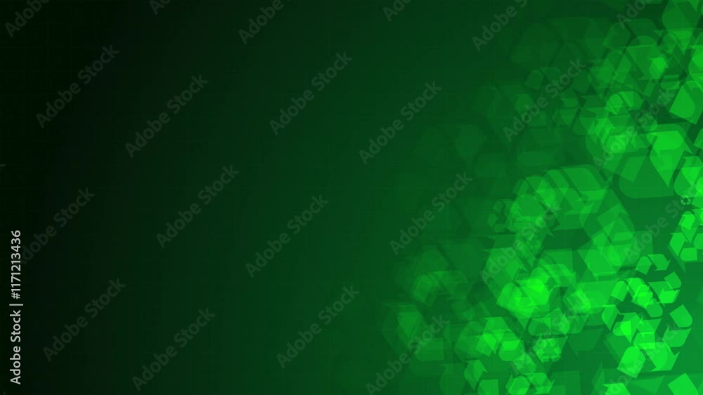 Poster green recycle symbol shapes are moving from the bottom right of a gradient grid abstract background,