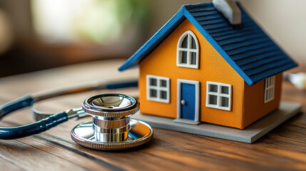 Small Model Home with Stethoscope, Signifying the Housing Crisis and Its Health Implications